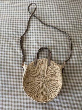 LC Lauren Conrad Natural Straw Round Crossbody with Brown Trim